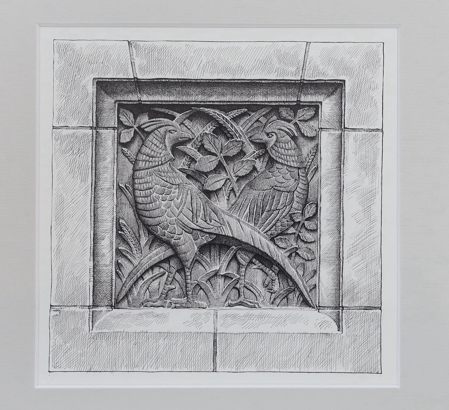 Paul C Allen (Chelsea Art Society), two pen and ink sketches, terracotta mouldings, Natural History Museum details verso, 16 x 16cm